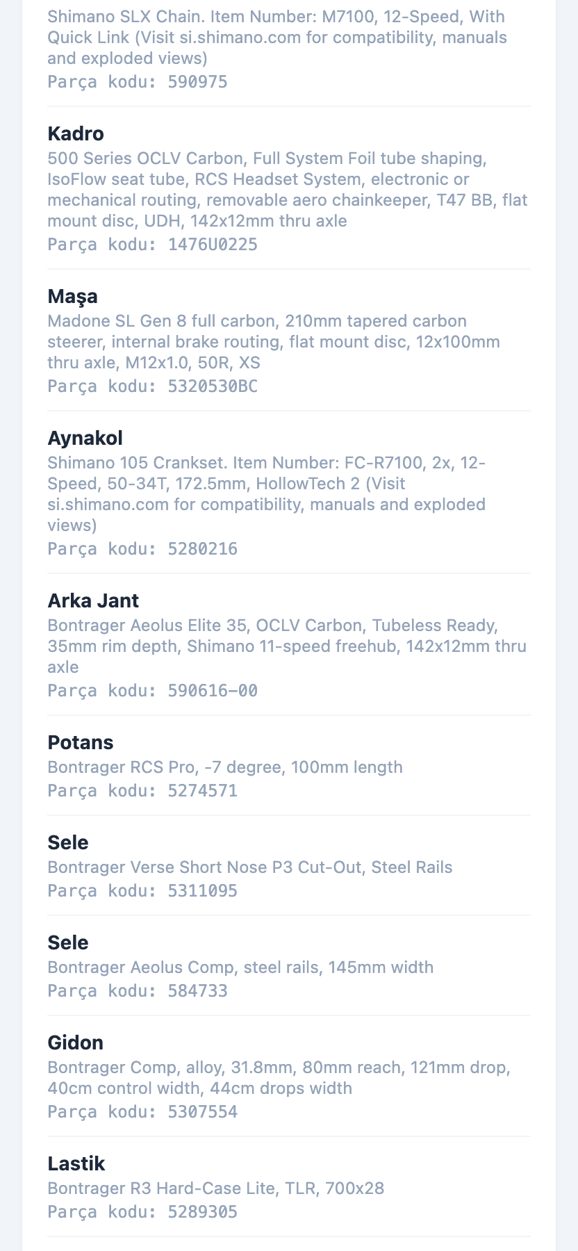 Benim Trek'im App — takılı parçaların orijinal Trek kodları