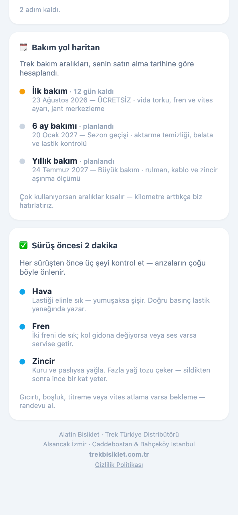 Benim Trek'im App — bakım yol haritası ve sürüş öncesi kontrol listesi