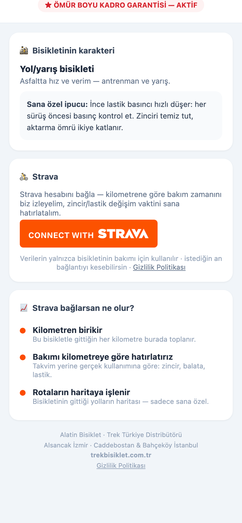 Benim Trek'im App — bisikletin karakteri ve Strava bağlantısı